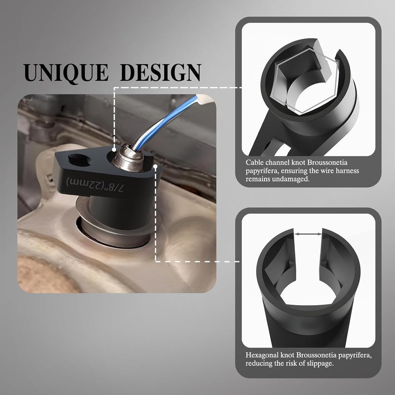sguuuwt مفتاح حساس الأكسجين 3/8" × 7/8"، فولاذ سبائك 50BV30 مع تشطيب أكسيد أسود، مفتاح حساس O2 بحجم 22 مم، متوافق مع أداة إزالة حساس O2 لإزالة سهلة للحساسات - Image 4